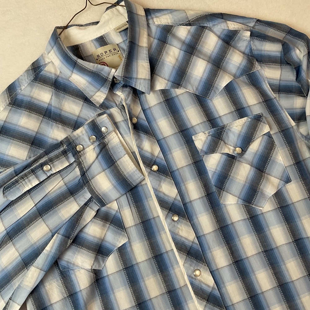 Roper Mens 2XL Blue White Ombre Plaid Western Pearl Snap Shirt Cowboy Rodeo